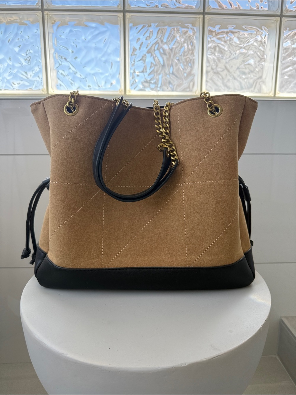 Two-Tone Tan and Black Tote with Chain-Accent Handles